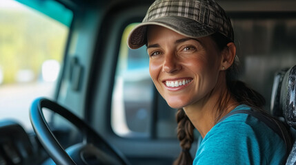Kierowczyni ciężarówki z radosnym uśmiechem patrzy prosto w kamerę, siedząc w kabinie swojego pojazdu. 