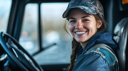 Kierowczyni ciężarówki z radosnym uśmiechem patrzy prosto w kamerę, siedząc w kabinie swojego pojazdu. 