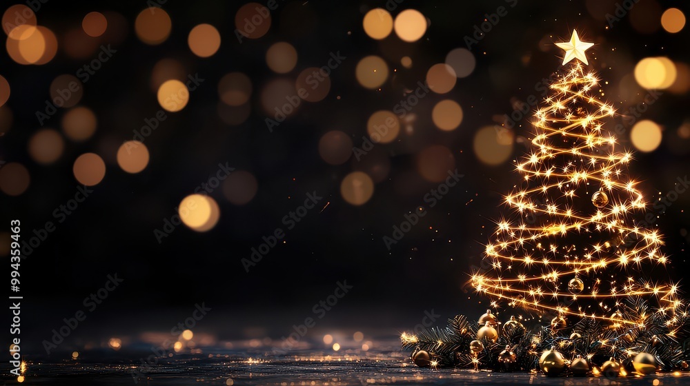 Poster a christmas tree with lights and a star on top. the tree is surrounded by a blurry background, givin