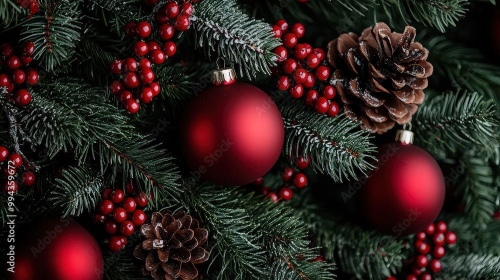 Poster a christmas tree with red ornaments and pine cones is the main focus of the image. the tree is full 