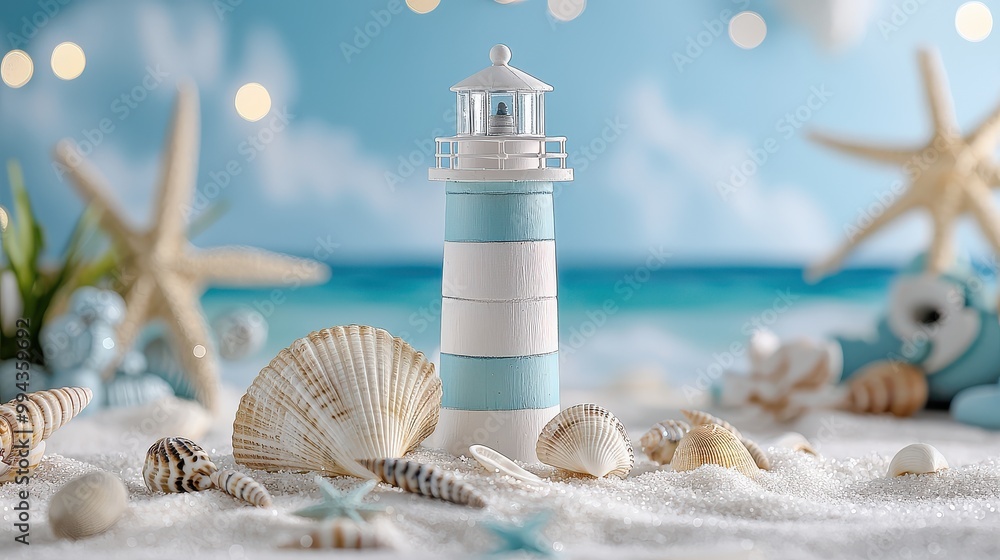 Poster a lighthouse is on a beach with shells and starfish. the lighthouse is white and blue. the beach is 