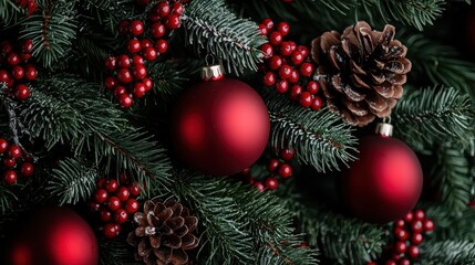 A Christmas tree with red ornaments and pine cones is the main focus of the image. The tree is full of red ornaments, including several large red balls