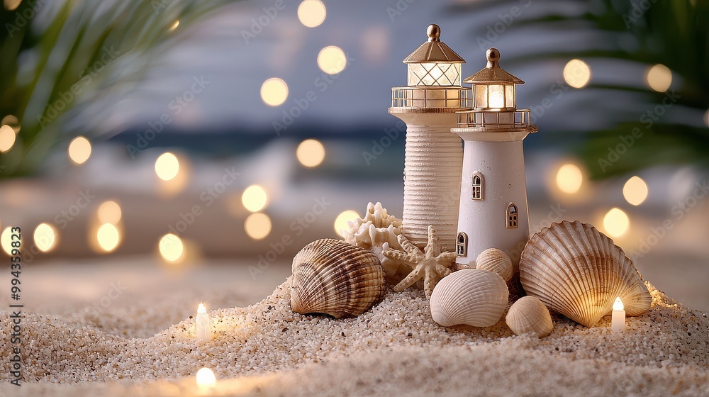 Poster a small lighthouse sits on a sandy beach next to some shells. the scene is lit up with lights, creat
