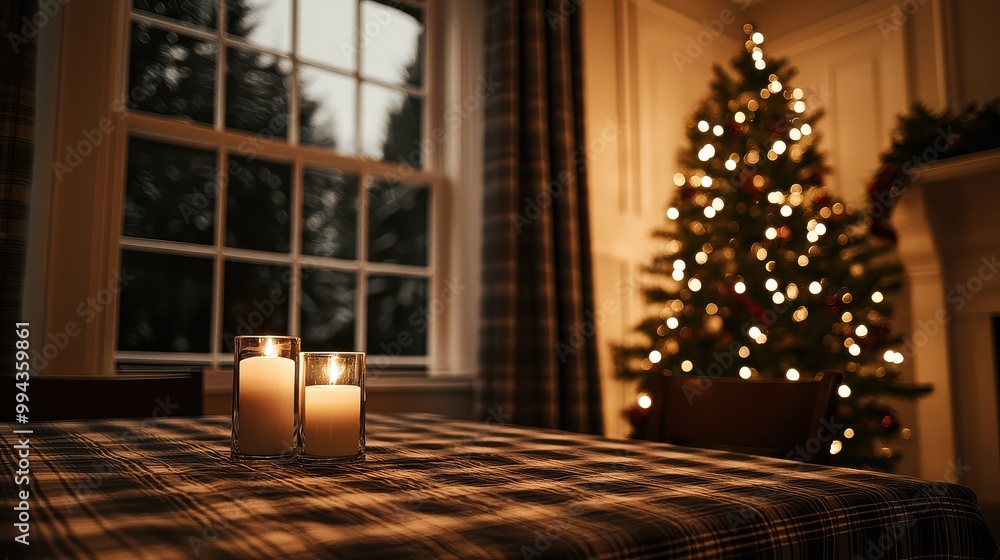 Poster a table with two candles and a christmas tree in the background. scene is warm and cozy, perfect for