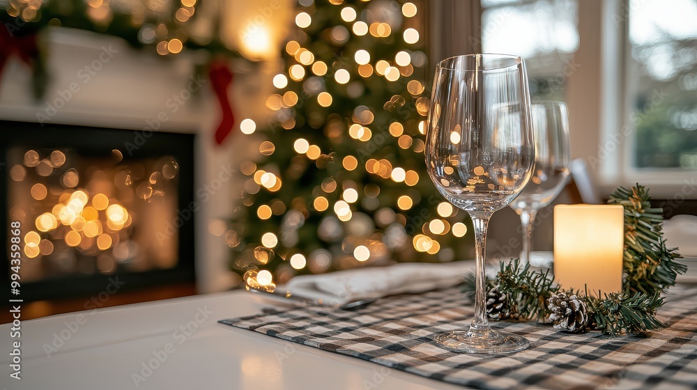Aufkleber A Christmas tree is lit up with lights and a fireplace is in the background. A table is set with two wine glasses and a candle