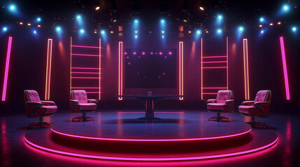Wnętrze pustego studia talk show, z ustawionymi w rzędzie krzesłami i dużym stołem na środku. Reflektory oświetlają scenę, tworząc przyjemną atmosferę. 