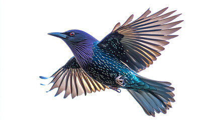 Fototapeta premium A colorful starling in mid-flight displaying vibrant feathers against a white background
