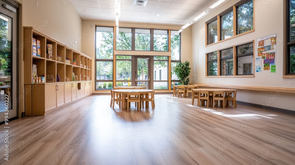 Poster a large room with a lot of wooden furniture and a lot of windows. the room is empty and has a very c