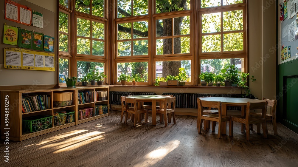 Poster a classroom with a lot of windows and a large collection of books. the room is filled with wooden fu