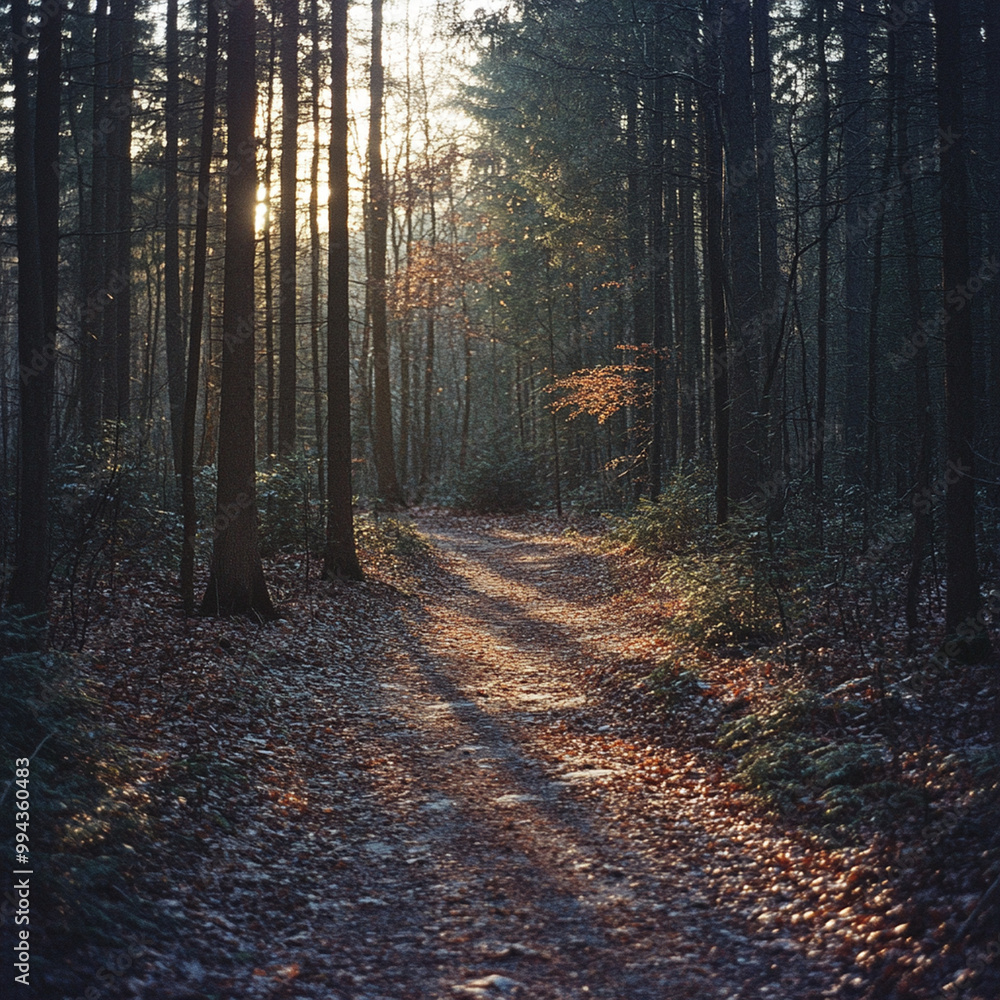 Poster a serene trail runs through tranquil forest, illuminated by soft daylight filtering through trees. p