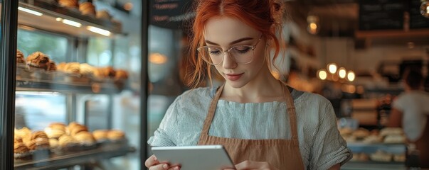 Young woman in an apron using a tablet in a bakery with pastries in the background