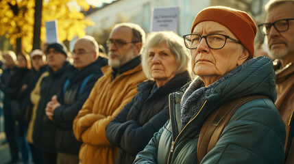 Senior Citizens and Diverse Group Waiting in Line at Outdoor Polling Station