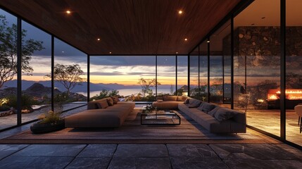 Fototapeta premium Elegant room including a sunset view from the expansive windows, a contemporary, large sofa with armchairs, carpeting, a stone floor, and a wooden ceiling. Create an open living area.