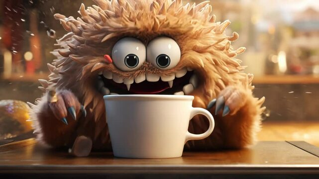 Coffee monster with crazy eyes. Cute character with caffeine energy, very excited