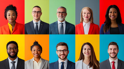 Vibrant Headshots of Business Professionals on Colorful Backgrounds
