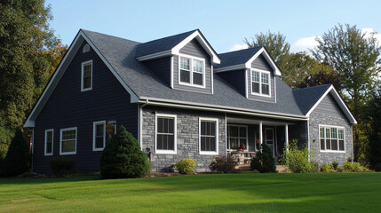 Zewnętrzny widok ukazuje klasyczny dom. Okna, oprawione w białe ramy, ozdobione są kolorowymi skrzynkami na kwiaty, kt&oacute;re pełne są sezonowych roślin.