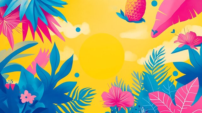 Vibrant Tropical Background with Exotic Leaves and Flowers