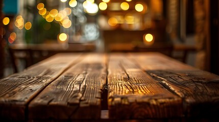 Empty wooden table with christmas theme in background, Warm Glow: A Cozy Evening at a Wooden Table
