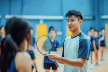 Young coach instructs students during a badminton training session in a gymnasium on a sunny afternoon