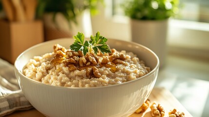 A bowl of warm oatmeal with honey drizzle and walnuts, set against a cozy kitchen background with natural morning light filtering in