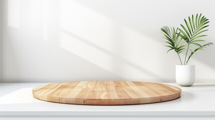 Kitchen podium background for food product. Wooden cutting board against a bright, modern kitchen backdrop. Table pedestal display, wooden platform.