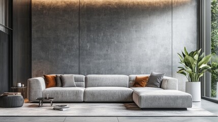 The living room of a modern apartment, house, or workplace features a cozy sofa, vivid interior elements, and natural light coming in via a window against a backdrop of concrete walls.