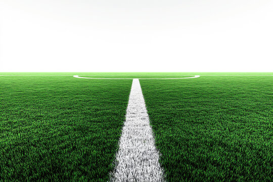 A pristine soccer field marked with crisp white lines under a bright sky, ready for an afternoon match in a peaceful setting