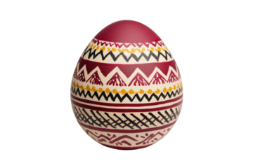 Decorative egg with ethnic patterns featuring geometric shapes in red, yellow, and black. It showcases intricate, traditional design elements. Isolated on transparent background, png.