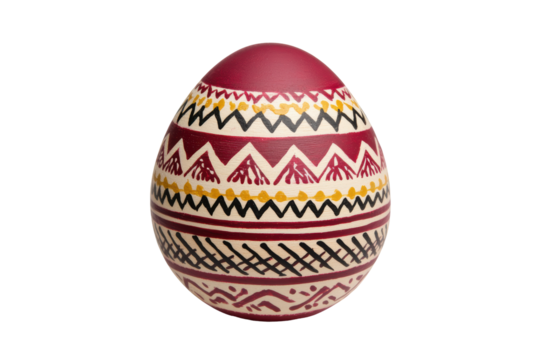 Decorative egg with ethnic patterns featuring geometric shapes in red, yellow, and black. It showcases intricate, traditional design elements. Isolated on transparent background, png.