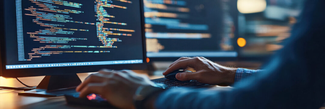 A programmer works late at night, coding intricate algorithms on dual monitors in a modern office setting filled with technology