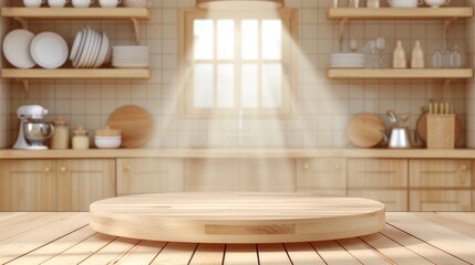 Kitchen podium background for food product. Wooden cutting board against a bright, modern kitchen backdrop. Table pedestal display, wooden platform.
