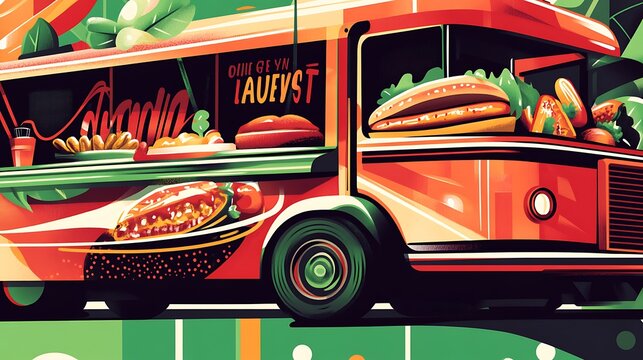 Colorful Illustrated Food Truck at a Local Festival - Powered by Adobe