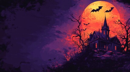 Fototapeta premium Eerie Halloween night with spooky haunted house and flying bats under a glowing full moon in a comic-style illustration