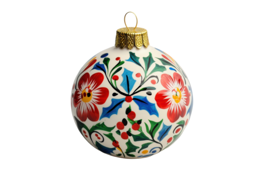 Floral Christmas bauble decorated with vibrant red and blue patterns. A festive holiday ornament showcasing traditional and colorful craftsmanship. Isolated on transparent background, png.