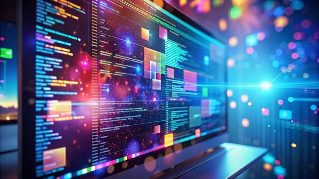 Modern web development concept showcasing code snippets and JavaScript programming on digital screen
