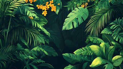 Lush Green Tropical Jungle Foliage Illustration
