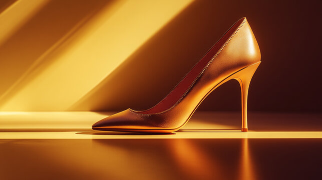 Elegant high-heeled shoe showcased under warm lighting for a stylish fashion display