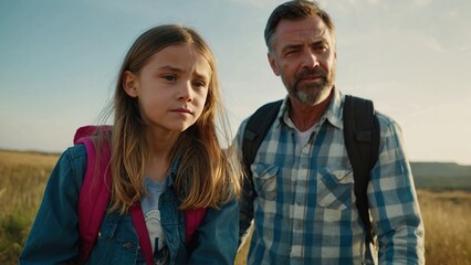 Naklejka premium Family father with daughter outdoor dad walking