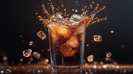 Sparkling drink splashes from a glass filled with ice cubes in a dimly lit setting