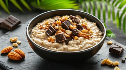 A hearty bowl of oatmeal with mixed nuts and dark chocolate chunks, set on a smooth slate table with a vibrant green plant in the background