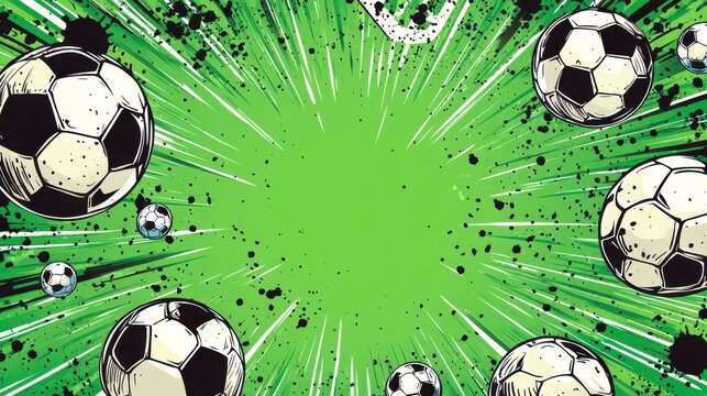 Football-themed comic book style background with dynamic soccer balls on a vibrant green and yellow burst design