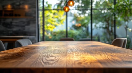 Fototapeta premium A beautifully crafted wooden table illuminated by natural light through large windows, creating a warm and inviting atmosphere, empty mockup for product presentation