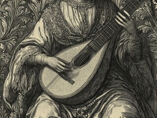 Ornate engraving of a renaissance musician playing a lute with flowing robes