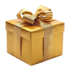 Golden gift box, isolated on transparent, perfect for celebration and holiday-themed designs.