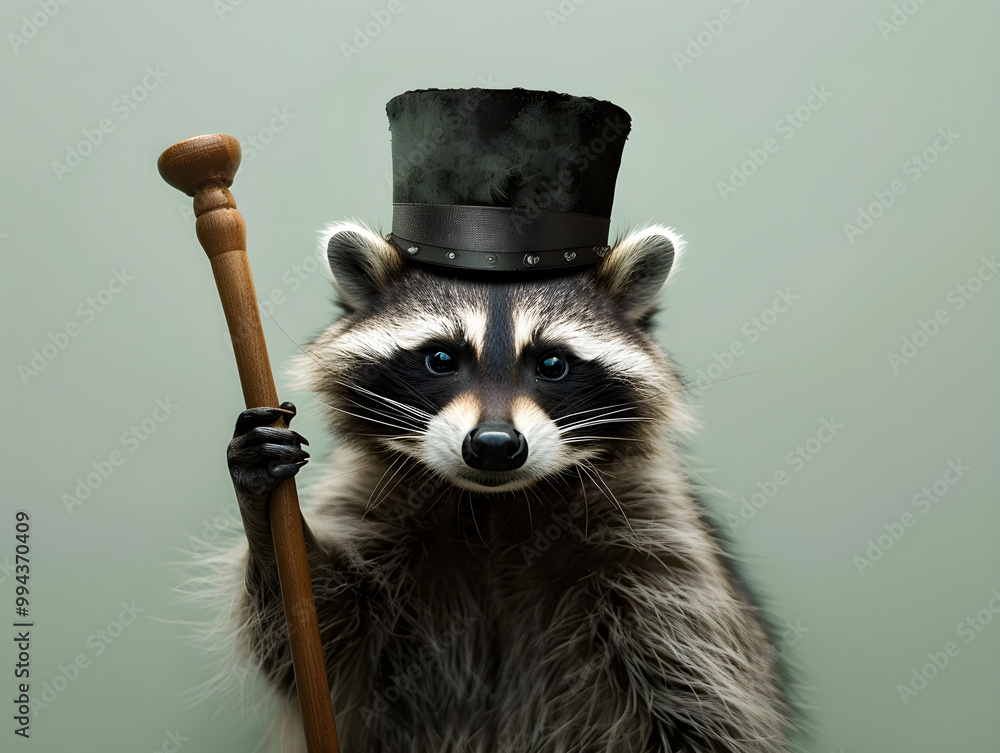 Wall mural a stylish raccoon in a top hat and cane poses against a dark blue background.