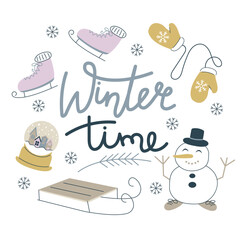 Hello winter poster template. Lettering with winter elements for sale banner, motivational quote, cozy winter, flyer, web banner, invitation Isolated on white background.