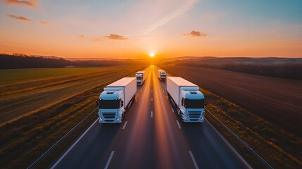 A white truck and two other trucks on the highway, driving towards the sunset in summer, with fields of wheat under the golden sunlight