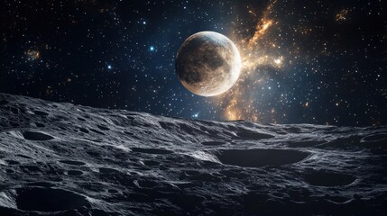 Stunning lunar landscape with craters and a bright starry backdrop