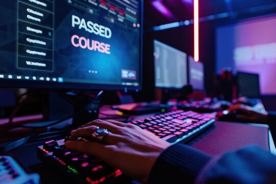 Person Typing on Computer with "PASSED COURSE" on Large Screen