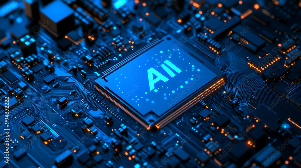 Aufkleber close-up view of a computer chip displaying 'ai' on a blue circuit board during a tech exhibition